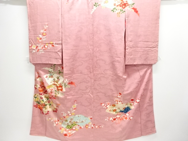 アンティーク　紋錦紗地紙に草花模様刺繍一ツ紋着物